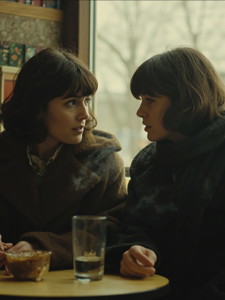 Soft film still of two women seated across from each other in a winter café