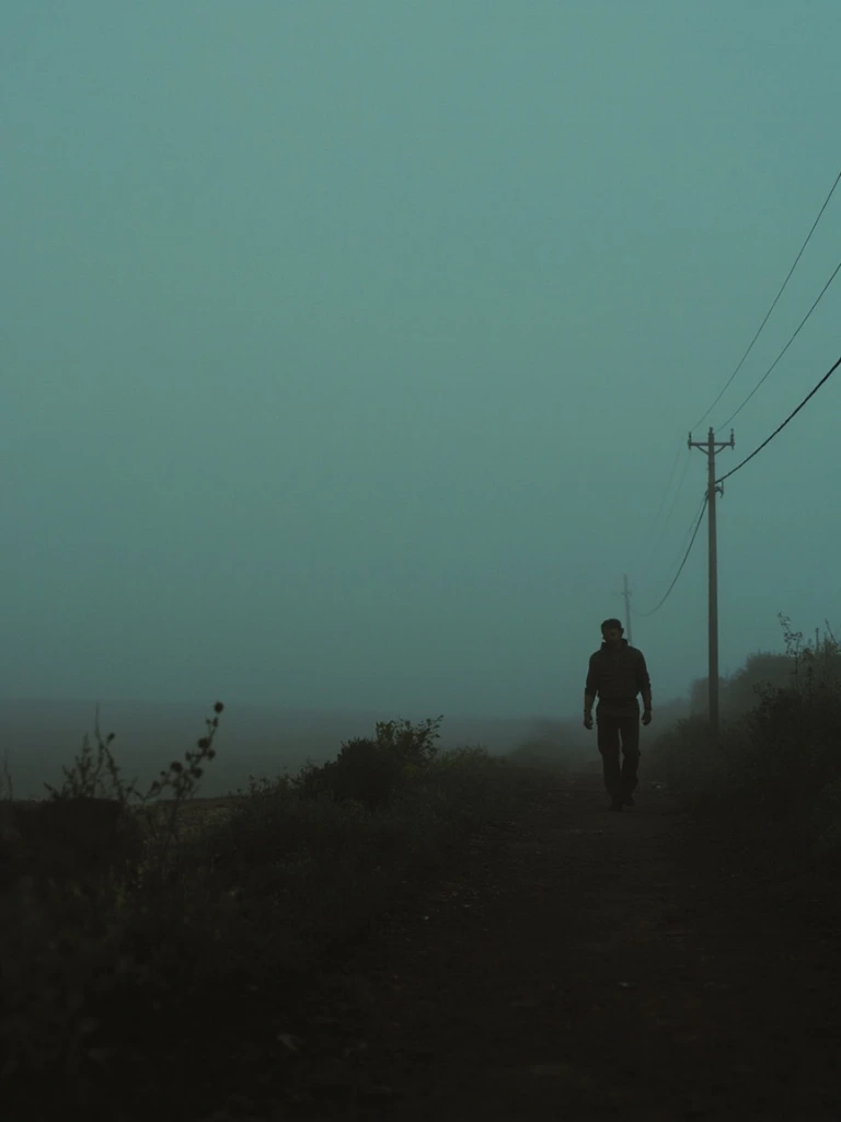 Restoration plate: a solitary figure crossing a foggy border landscape.