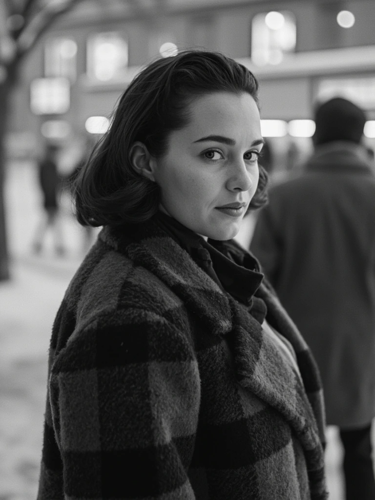 Restoration plate: a woman at a snowy tram stop, photographed in black and white.