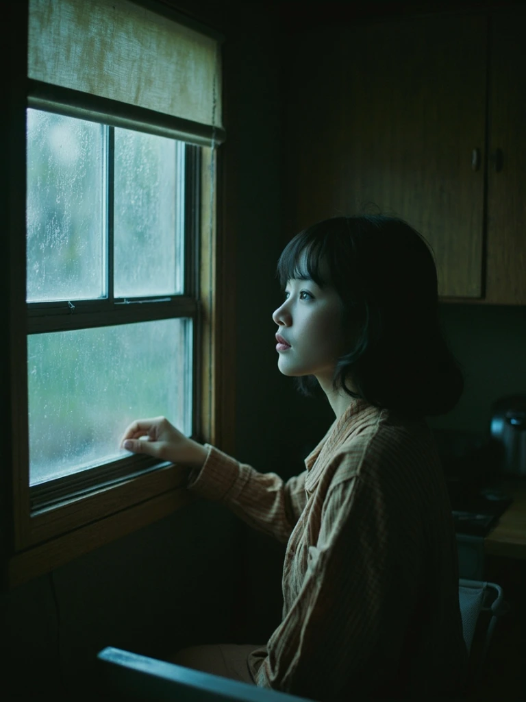 Restoration plate: a woman looking out a rain-streaked kitchen window.