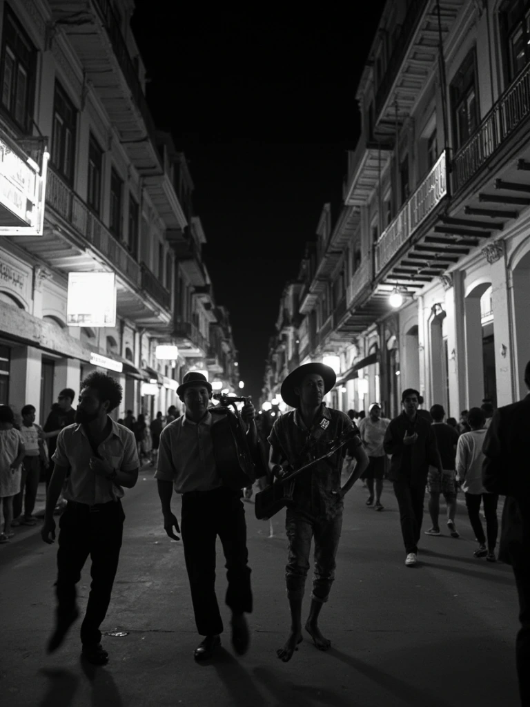 Black-and-white still of musicians on a Havana street at night, 1964.