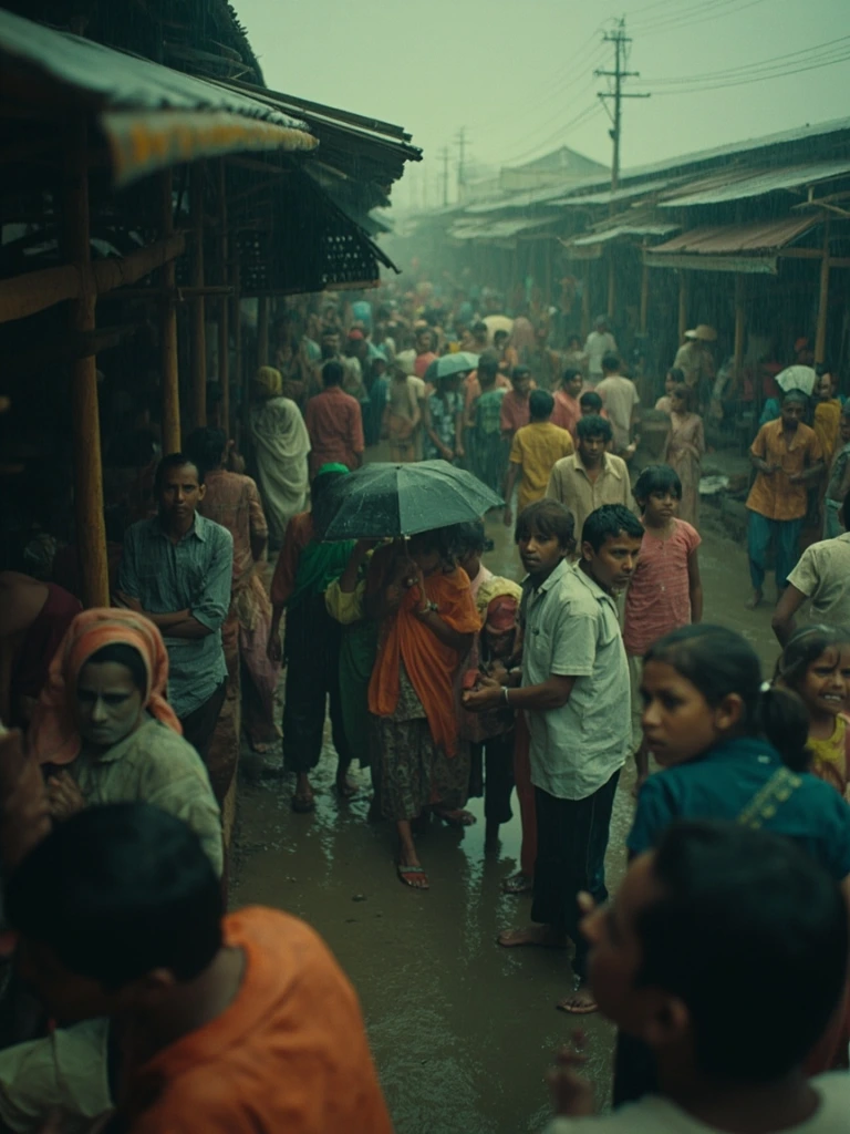Monsoon-rain still of a crowded Indian railway platform, 1981.