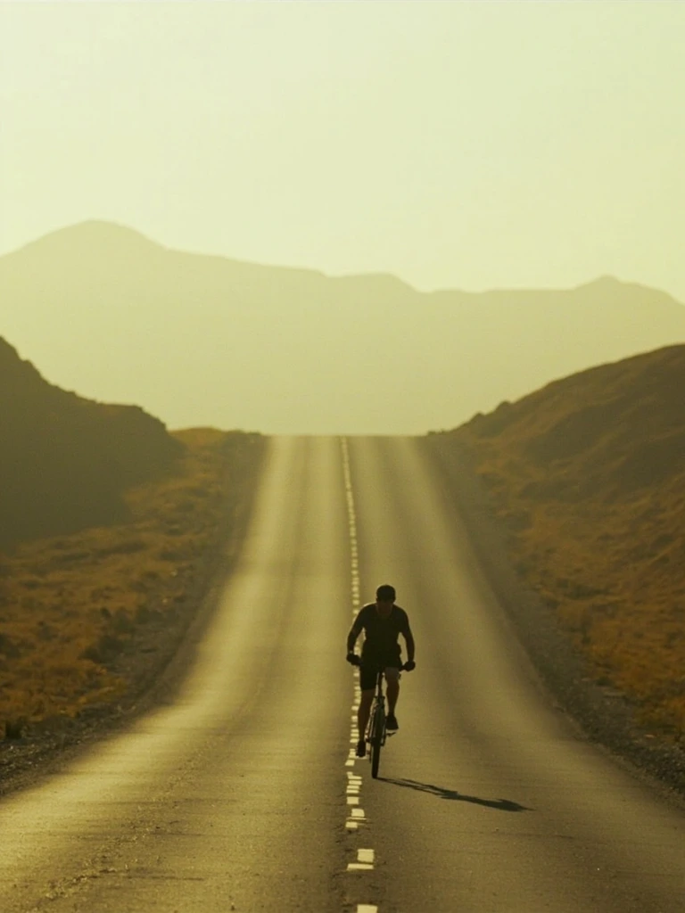 Wide still of a cyclist on an Andean highland road at dusk.